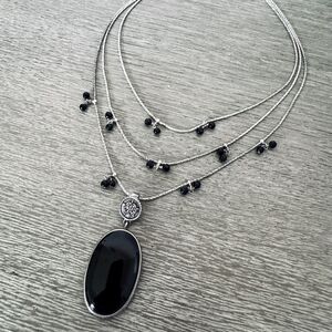 Barse 925 Silver Onyx Oval Stone Pendant Multistrand Statement Necklace